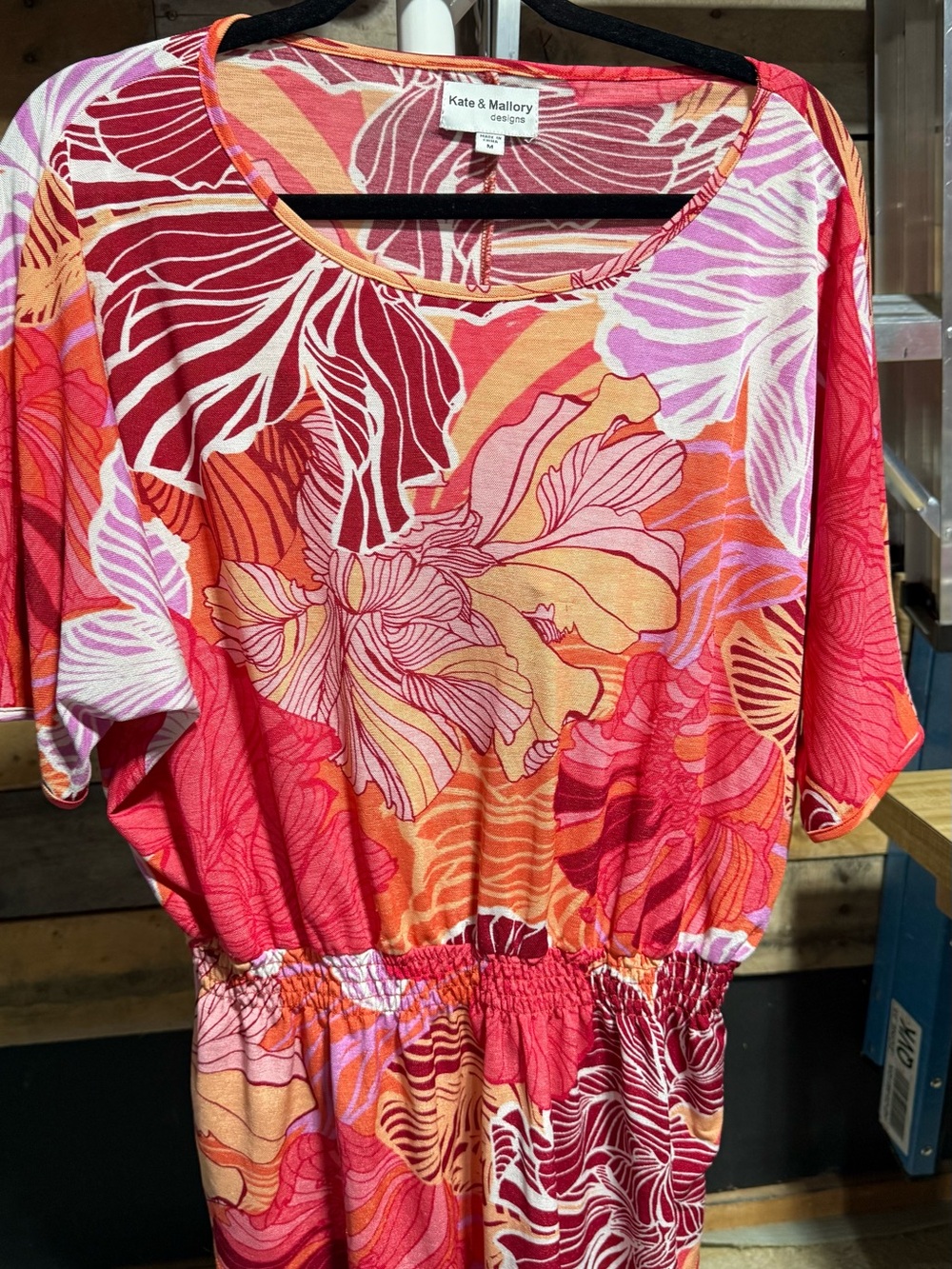 Kate & Mallory Pink Orange Floral Elastic-Waist Tunic Medium